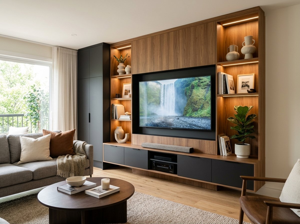 Modern wooden TV wall unit in Dehradun residence