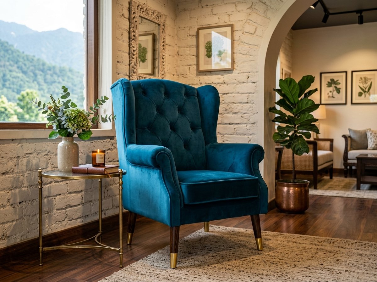 Brass accent end table beside velvet wing chair in Dehradun