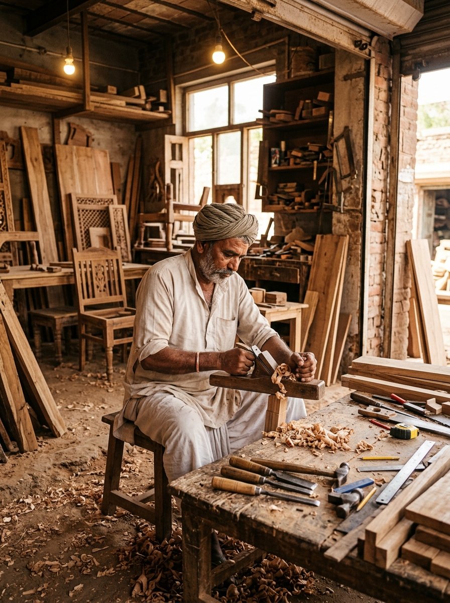 Craftsman hand-polishing wooden table in Dehradun
